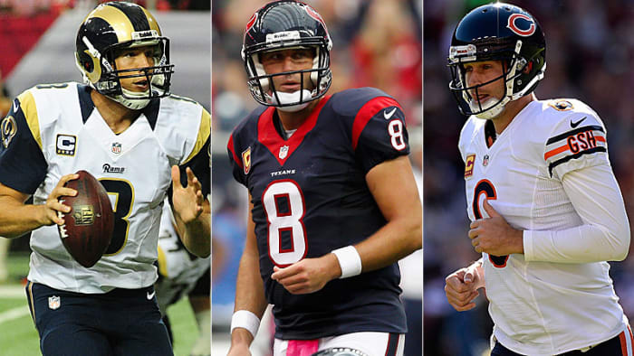 Sam Bradford (left), Matt Schaub (center) and Jay Cutler could find themselves on the market in 2014 in what could be one of the busiest offseasons for quarterbacks in recent memory. (Getty Images)